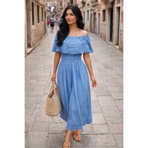 Seaspice Blue Off Shoulder Maxi Dress XL Smocked Boho Cotton Tassel